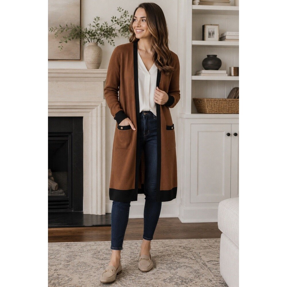 Philosophy Brown Black Long Cardigan Duster Open Front Pockets Sweater M Viscose